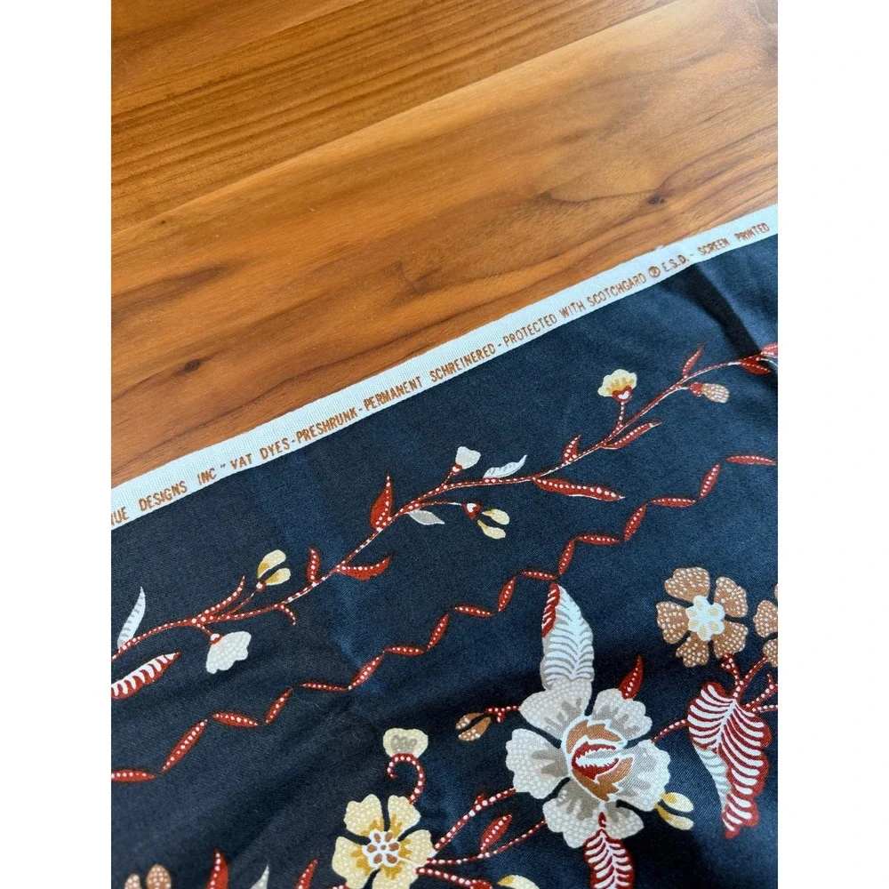 VTG 5th Ave Designs Botanical Fabric 56x62 Black Vat Dye Screen Printed Cotton